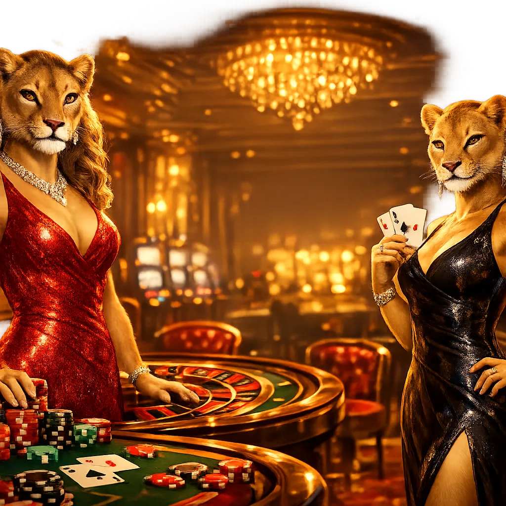 Demo Casino Two elegant anthropomorphic lionesses in evening dresses at a roulette table in a luxurious gold and red casino interior